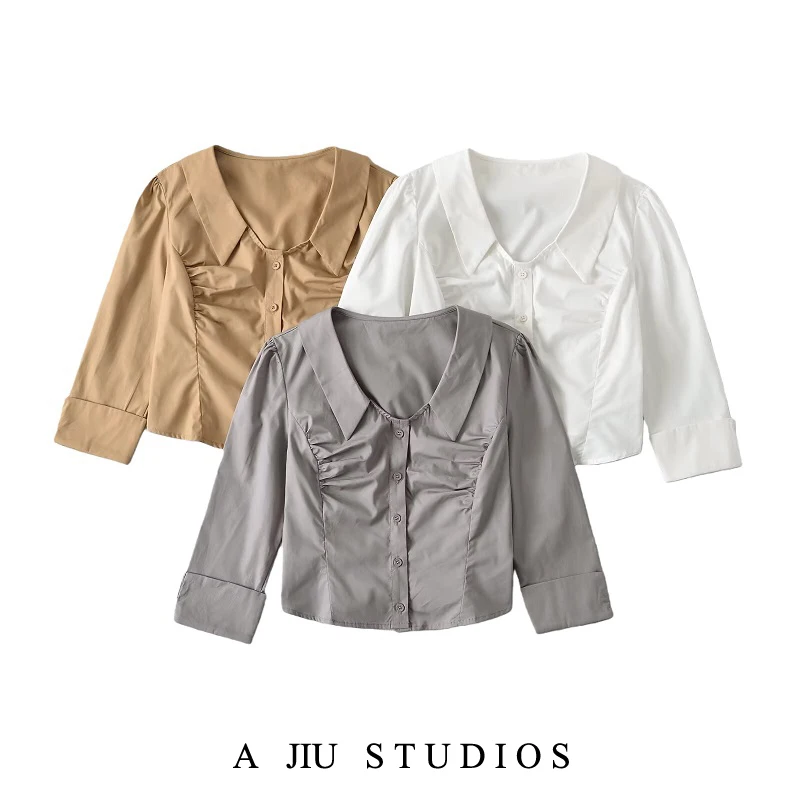 

Slim Fit Cotton irt Women's Early Autumn Commute Versatile Sli Slimming Effect Pure Desire Sle mid Sve Turn-down C...