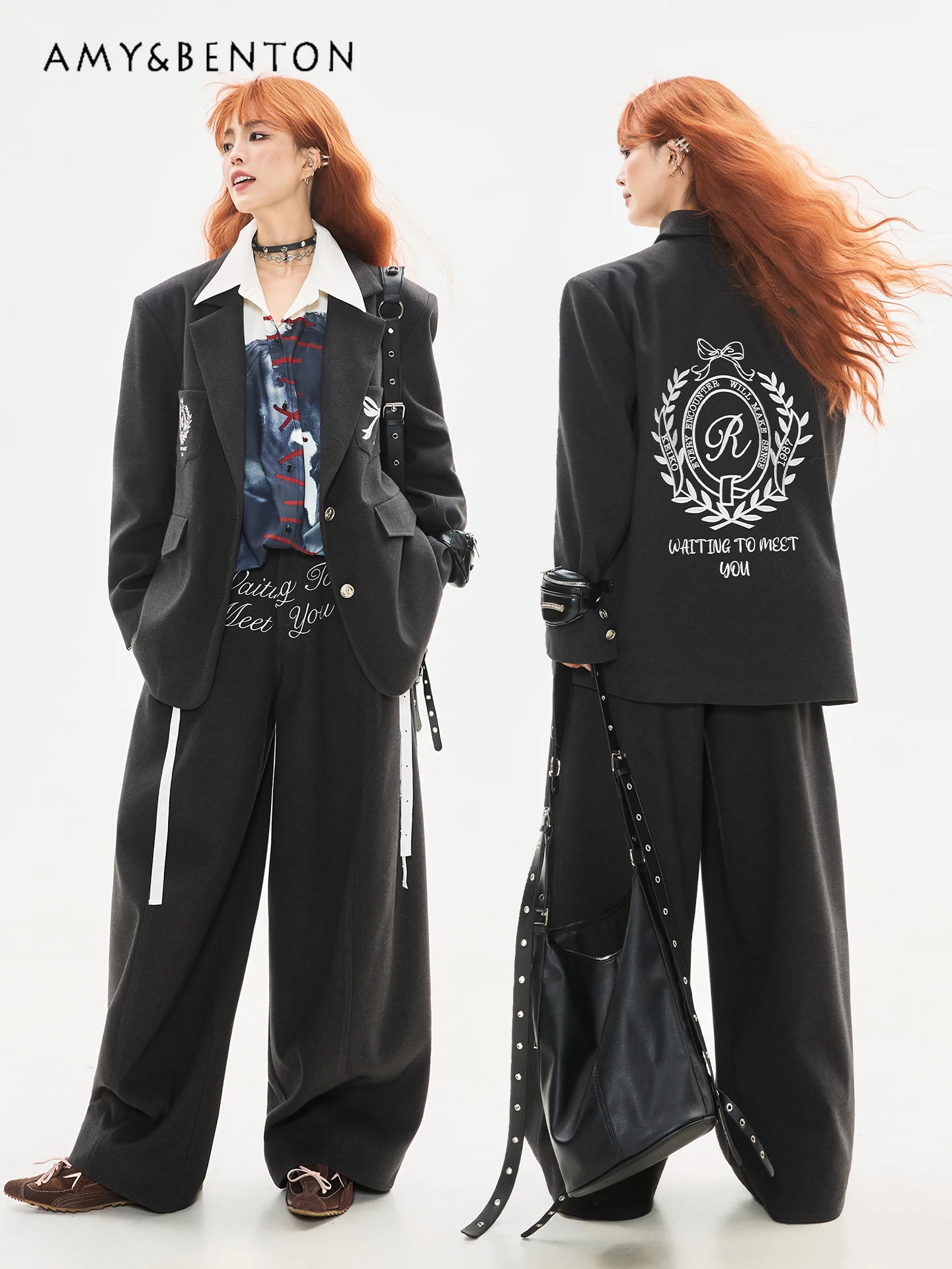 

Spring and Autumn New American College Style Bowknot Embroidery Casual Small Suit Jacket Black Gray Loose Trousers