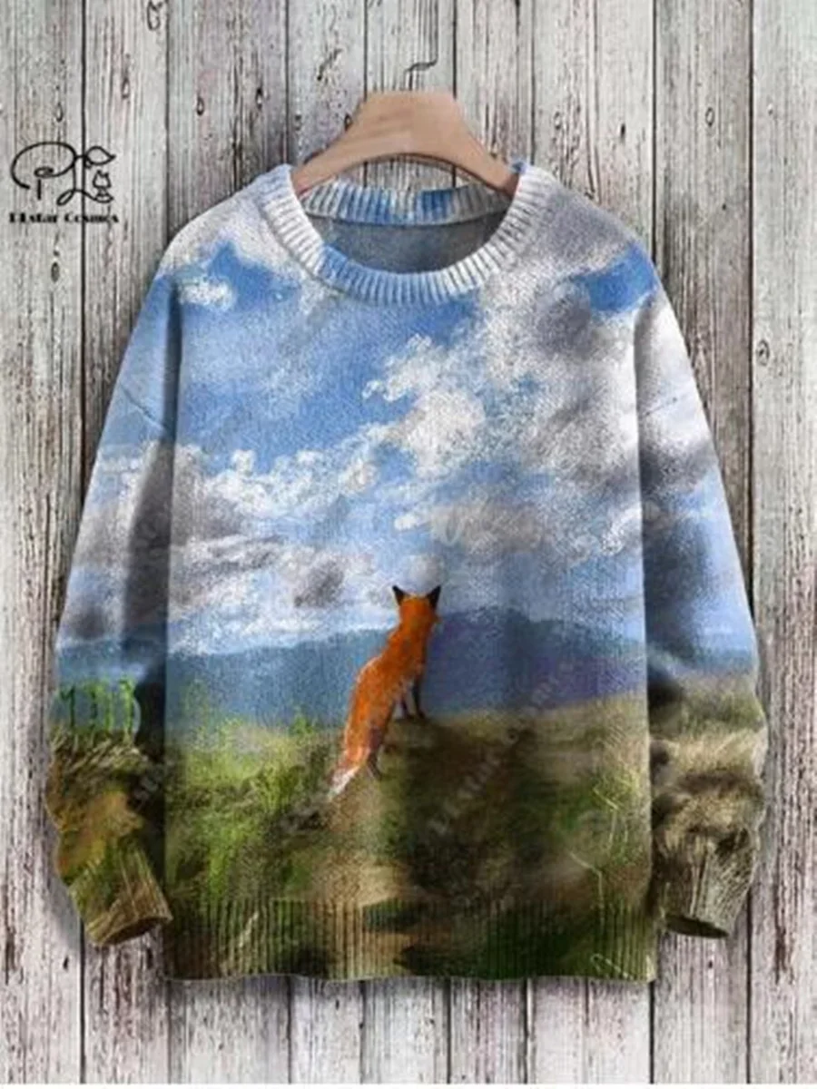 Fashion Winter Men\'s Sweater Animal Series Vintage Cute Fox Art 3D Printed Ugly Sweater Unisex Harajuku Casual Sweater Y0005