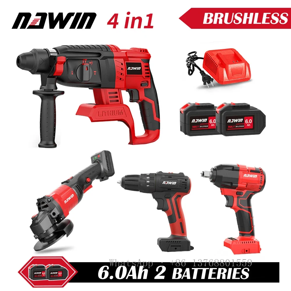 Nawin 6.0 Ah Lithium Battery Hammer Drill Wrench Grinder Cordless Power Tool Kit