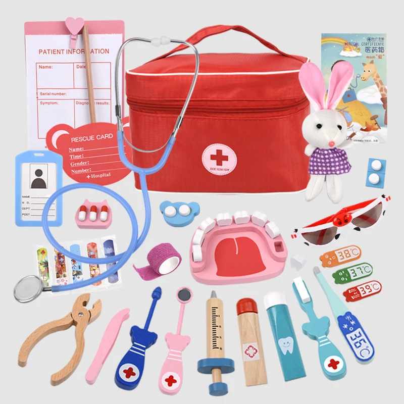 1Set Wooden Pretend Play Doctor Kit Children Simulation Dentist Check Teeth Role Playing Toy