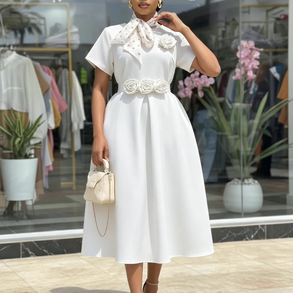 Elegantes Damen A-Linien-Plissee-Kleid mit O-Ausschnitt, Kurzen Ärmeln und 3D-Blumenmuster, Hohe Taille, Neues Sommerkleid für Partys, Formelle Anlässe und Kirche – Detail 4