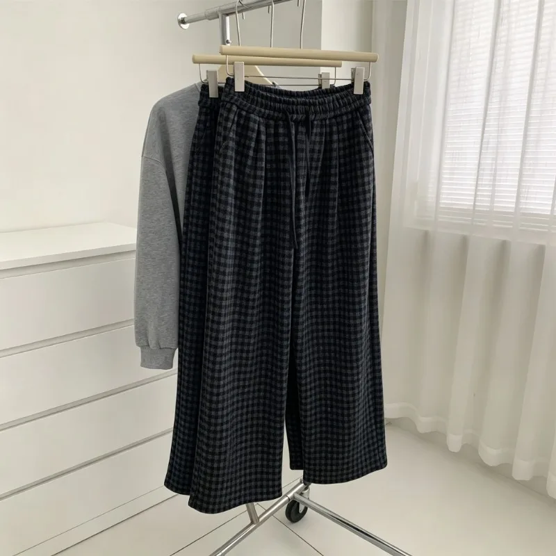 Cosy Women Plaid Loose Drawstring Elastic Waist Comfy Wide‑Leg Casual Autumn Winter All-match Daily Outfit Trousers For Ladies
