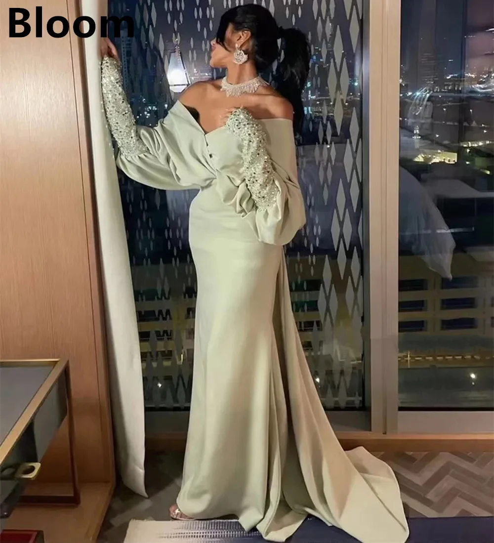 

Bloom Saudi Arabia Evening Dresses Beaded Long Sleeves Zipper Back Prom Occasion Dress for Women Wedding Party فساتين سهره