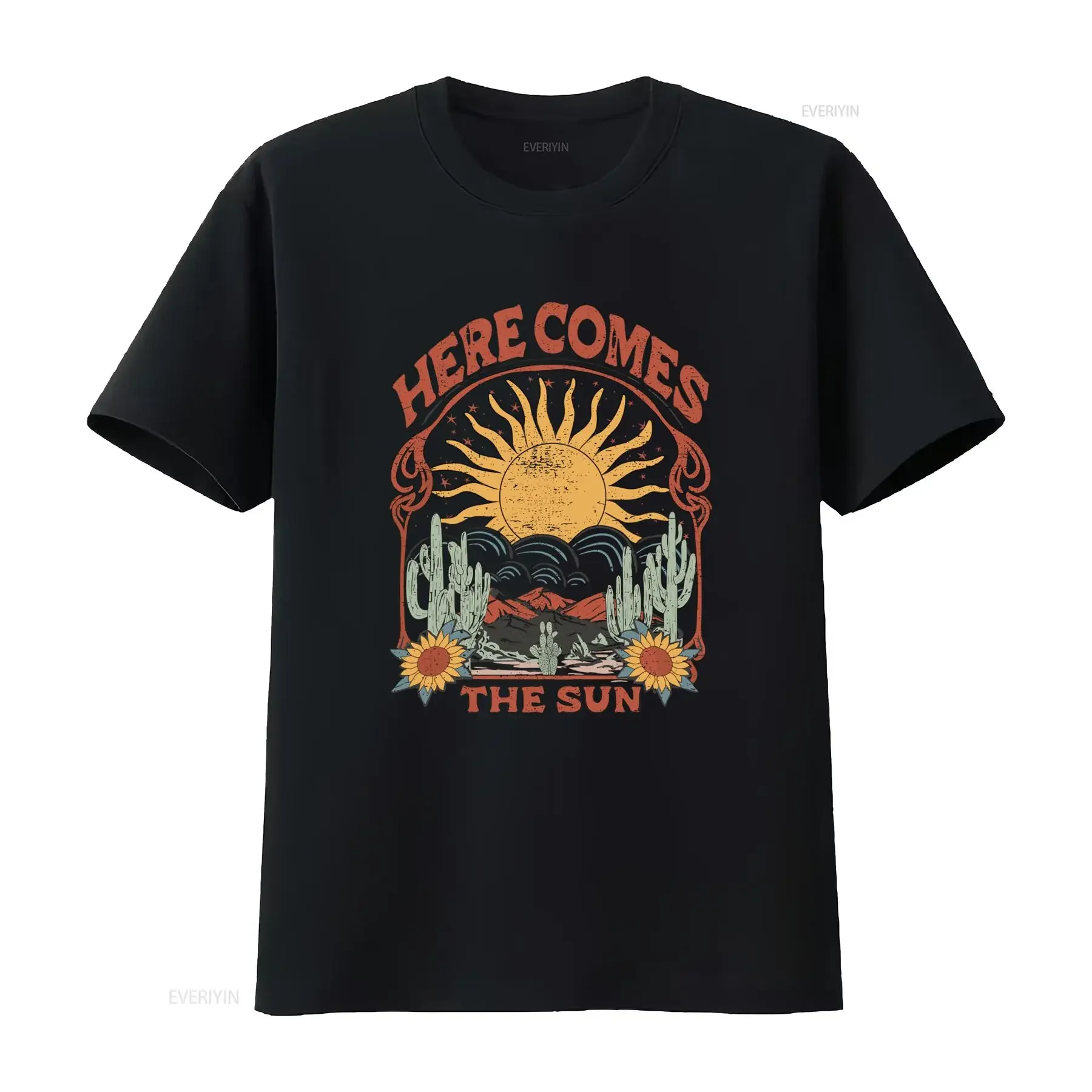 Men's Vintage Punk Rock T Shirt Soft Crew Neck Retro 70s 80s Inspired Desert Landscape Here Comes The Sun Print Bold Casual