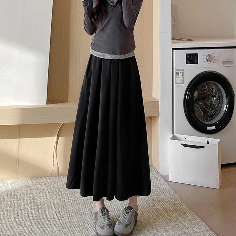 

Autumn Winter Basic Maxi Skirt Women Solid Color All-Match High Waist Pleated Long Skirts Woman Elegant Simple Drape Midi Skirts