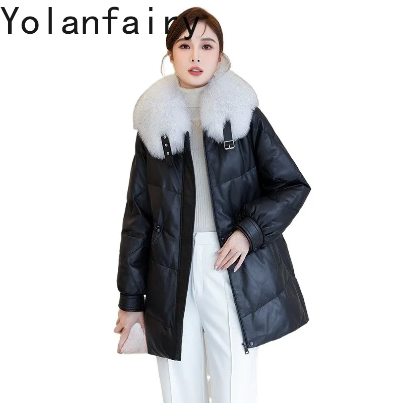 YOLANFAIRY Real Sheepskin Coats Woman Fox Fur Collar Mid Length Genuine Leather Coat Sailor Collar Loose Jackets Пиджак Женский