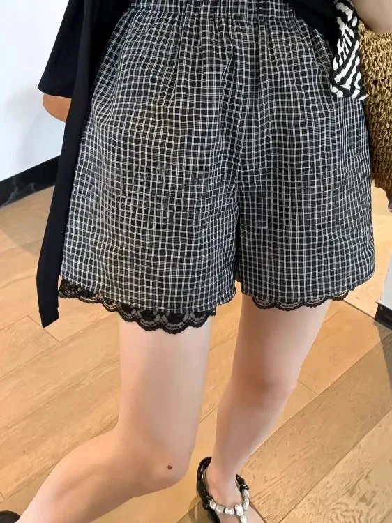 

Ретро-шорты в клетку с кружевной отделкой и пэчворком, женские, с высокой талией, утягивающие, широкие брюки, летние модные повседневные брюки