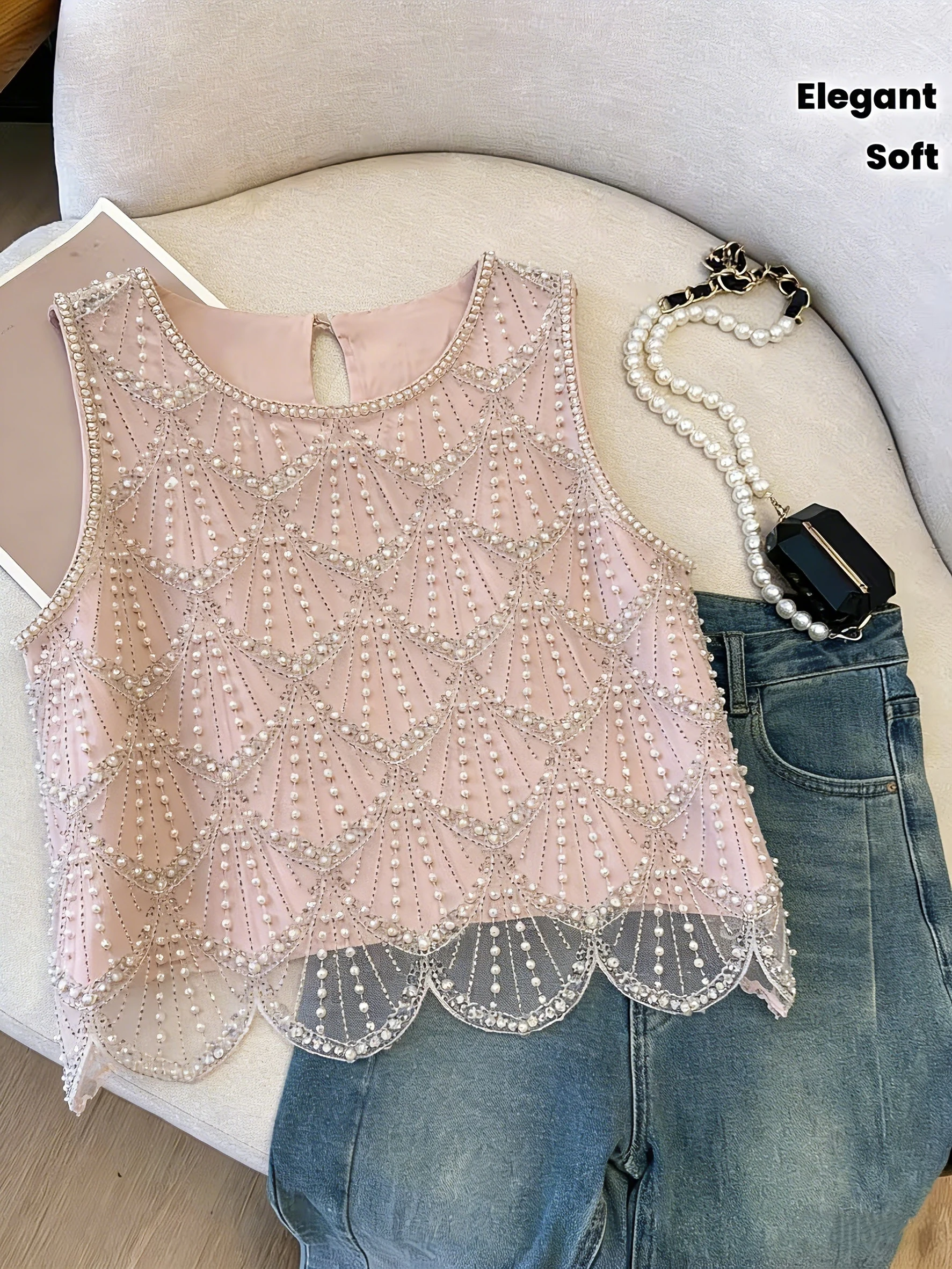 Ladies' Elegant Sparkling Sequin Sleeveless Party Top - Fashionable Handmade Beaded Vest, Transparent Protective Formal