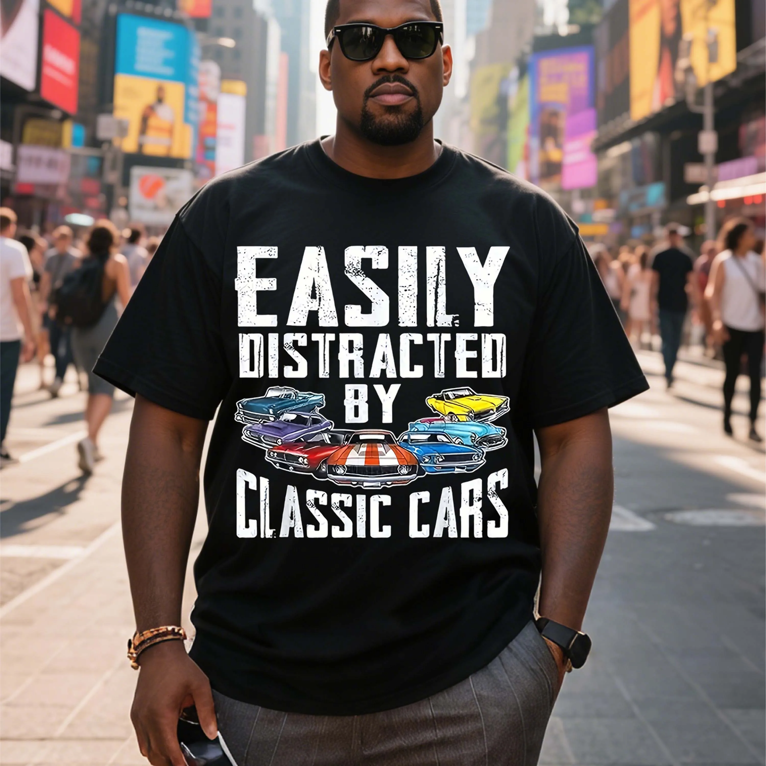 

Plus Size Easily Distracted by Classic Cars Black Short Sleeve T-Shirt Suitable for Outdoor Leisure Wear in Summer