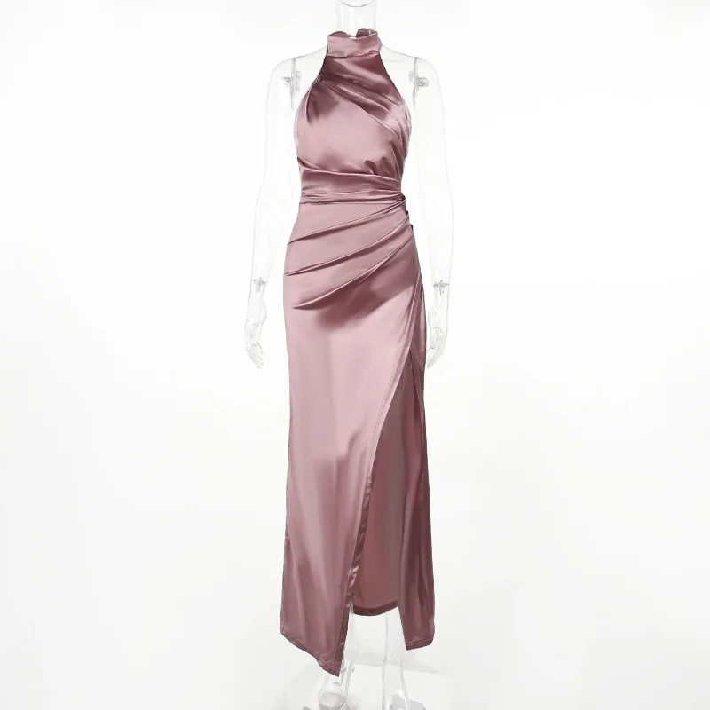 

Sexy Halter Sleeveless Ruched High Split Long Formal Evening Dress Dark Pink