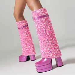 2023 Pink Fantasy Sequin Square Head Knee High Boots 34-48 Internet Celebrity Walking Red Carpet Boots 14cm Thick Heel Boots