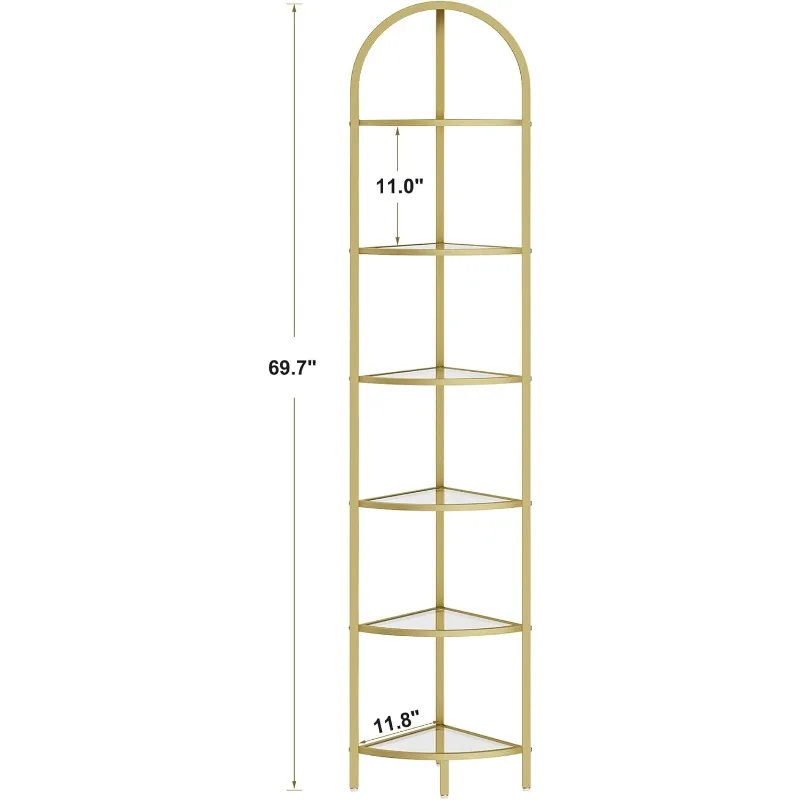 6-Tier Corner Shelf Stand, Metal Corner Bookshelf, Tempered Glass Shelves, Bathroom Storage Rack Shelf