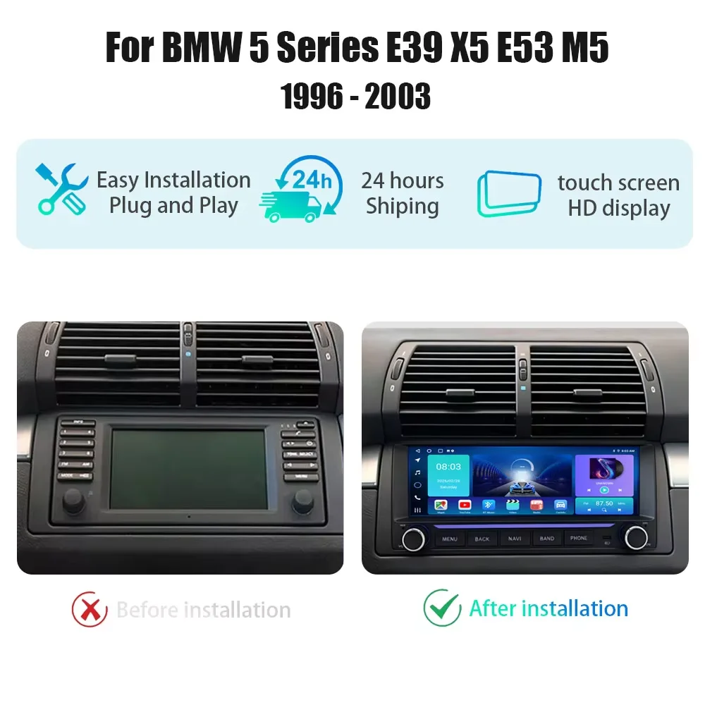 10.25 inch Android 16 Car For BMW 5 Series E39 X5 E53 M5 1996 - 2003 Plug and Play GPS Navigation High-performance CPU
