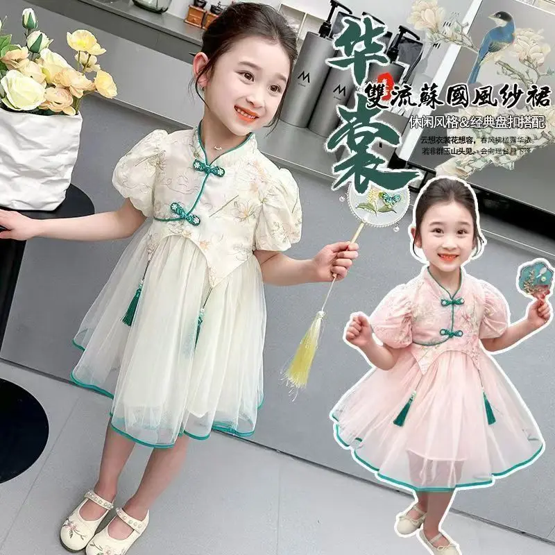 الفتيات Hanfu الصيف النمط الصيني فستان الأطفال شيونغسام 2025 موضة جديدة فستان الأميرة طفل فستان صيفي قصير الأكمام