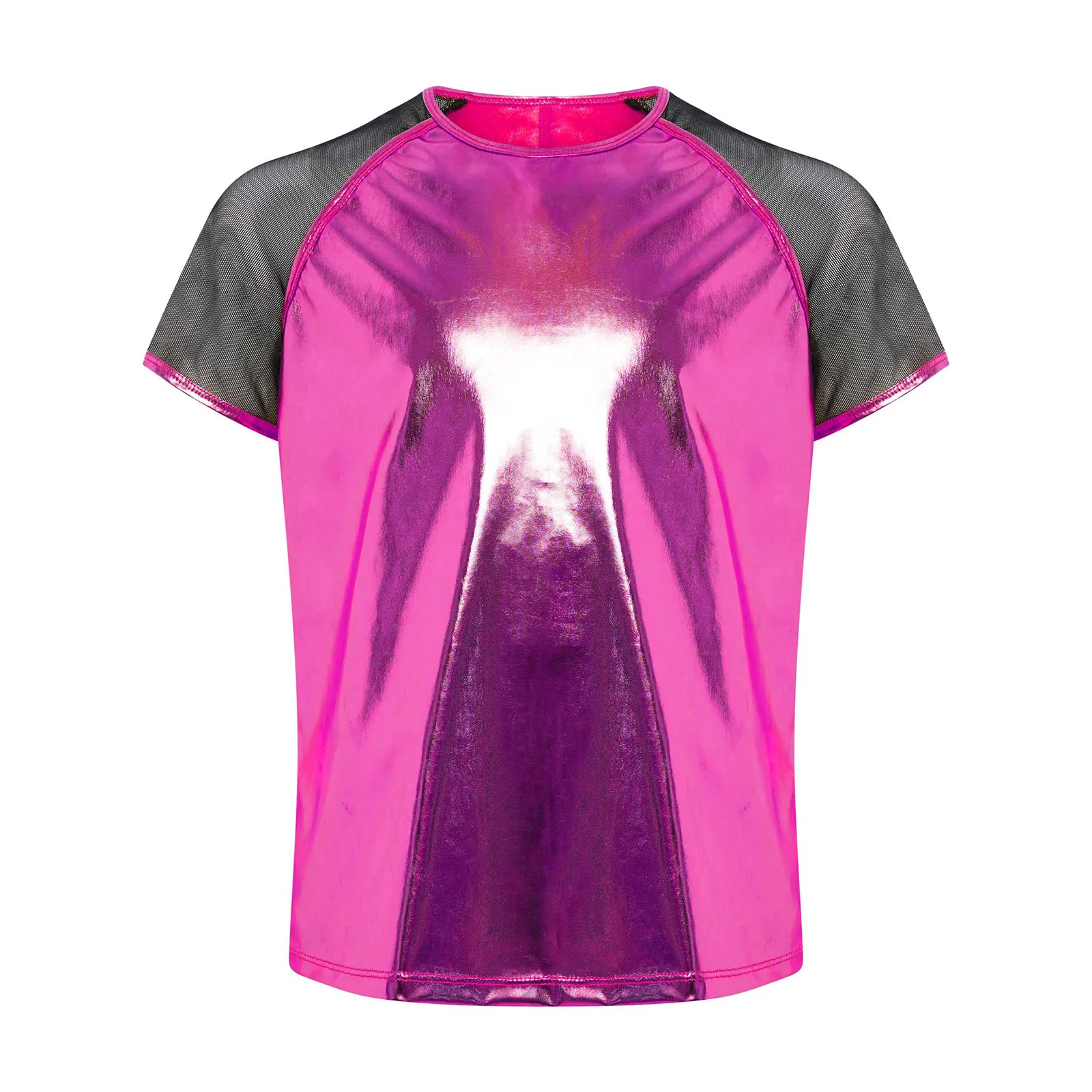 Crianças meninas meninos jazz hip-pop rua moderna dança desempenho traje pura malha manga curta em torno do pescoço metálico camiseta blusa