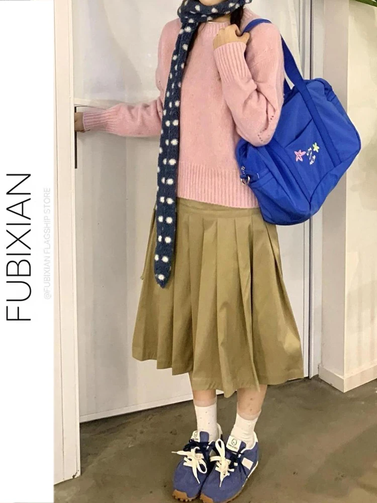 

Retro Korean Sle Belted Pleated Skirt for Women Khaki Color Versatile Autumn New Arrival High Waist Polka Dot Design