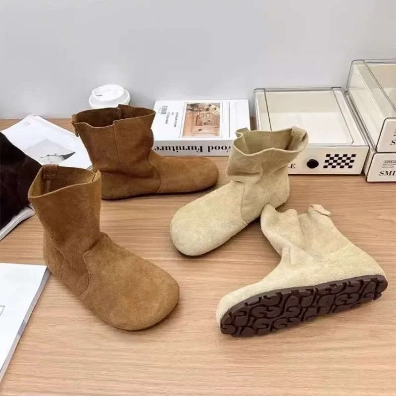 Zapatos planos de gamuza informales para mujer, botines sin cordones, estilo gótico albaricoque, punta redonda, Botas cortas, botines Chelsea versátiles Retro