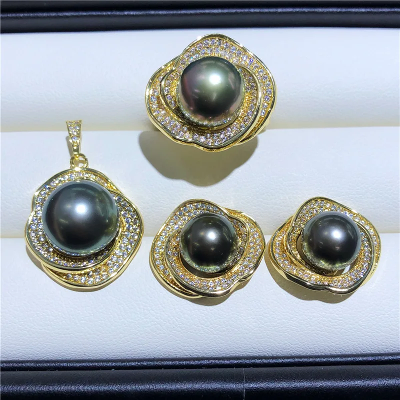 PERFECT AAAA++++ 10-9mm SOUTH SEA black PEARL 18K gold wrapped bow style pendant ring earring set