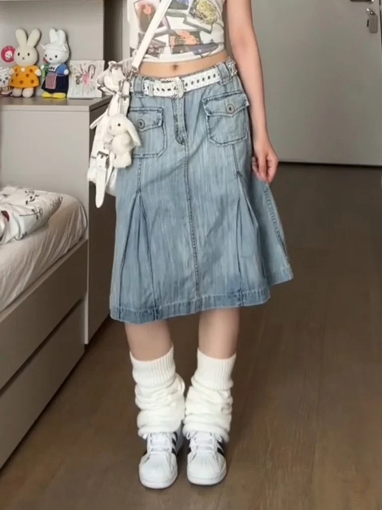 Retro Amerykańska Hot Girl Vintage Spódnica Jeansowa z Plisami w Stylu Y2K Millennium, Uniwersalna Spódnica o Długości do Kolan