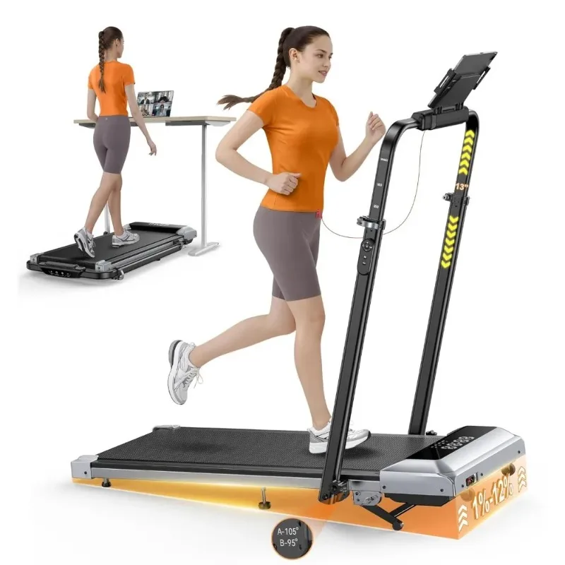 Walking Pad Treadmill 12% Incline, 6 in 1 Folding Under Desk Machine with Adjustable Handle Bar