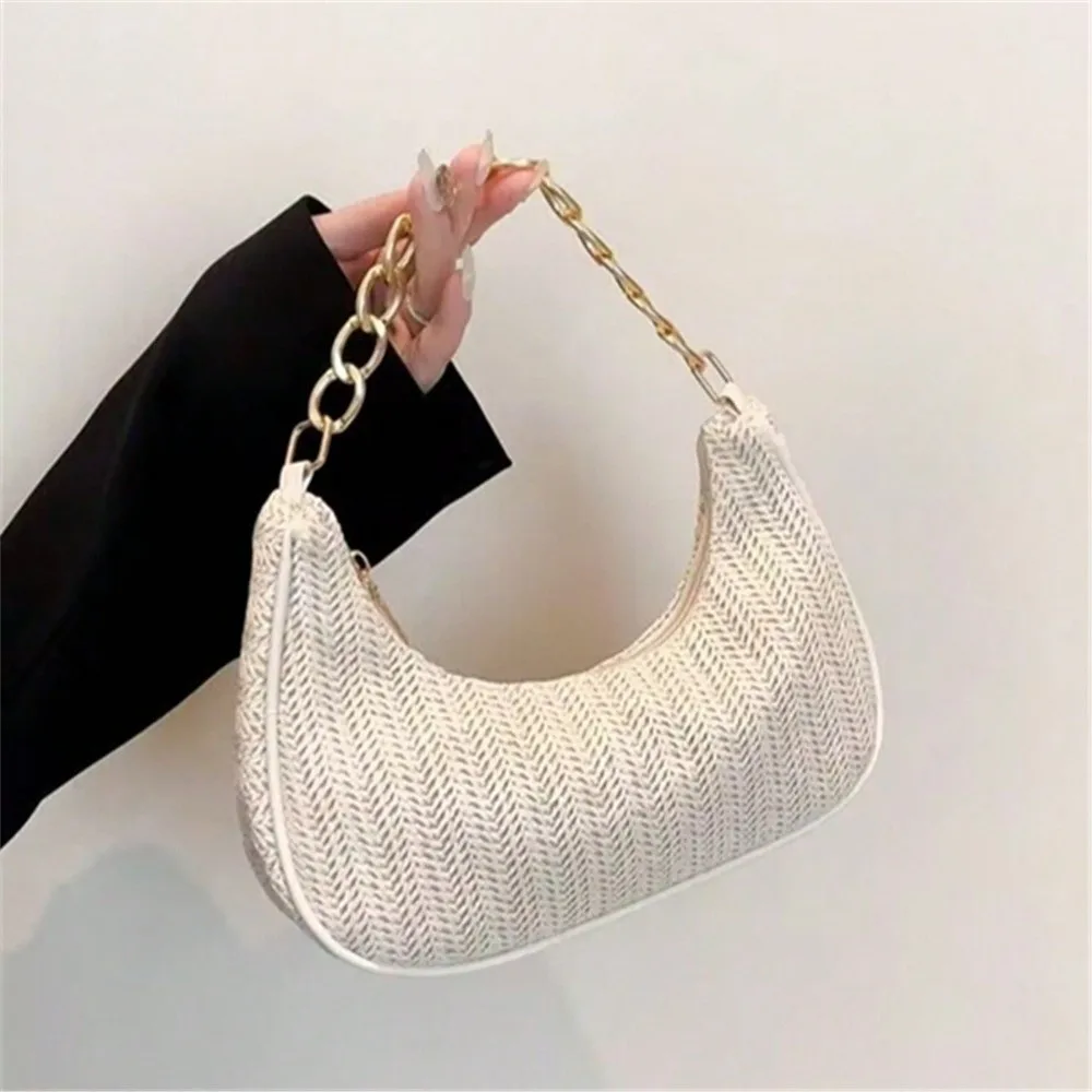 

Elegant Bohemian Straw Shoulder Bag Square Solid Color Weave Underarm Bag Mobile Phone Pouch Chain Beach Handbag Girls