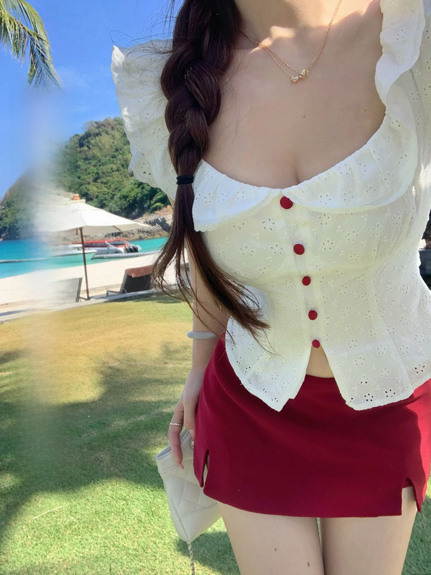 

Lukira Gentle White Flower ort Sve irt Women's Spring Waist-Cinching Bubble Sve Square Collar Floral Embroidery Cotton