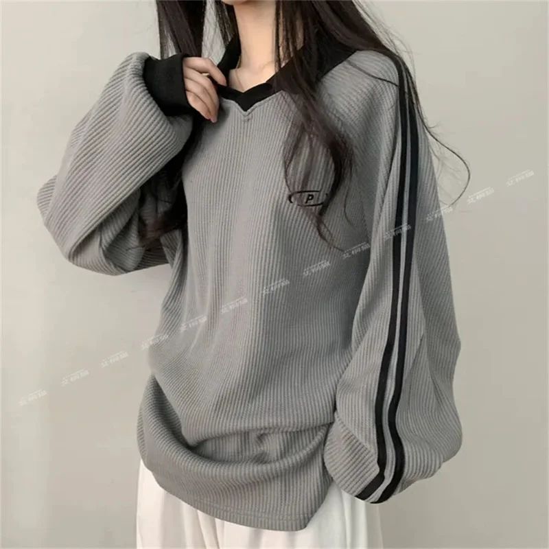 

Спортивная полосатая толстовка с воротником-поло контрастного цвета для женщин на весну и осень, тонкий свободный топ в ленивом стиле