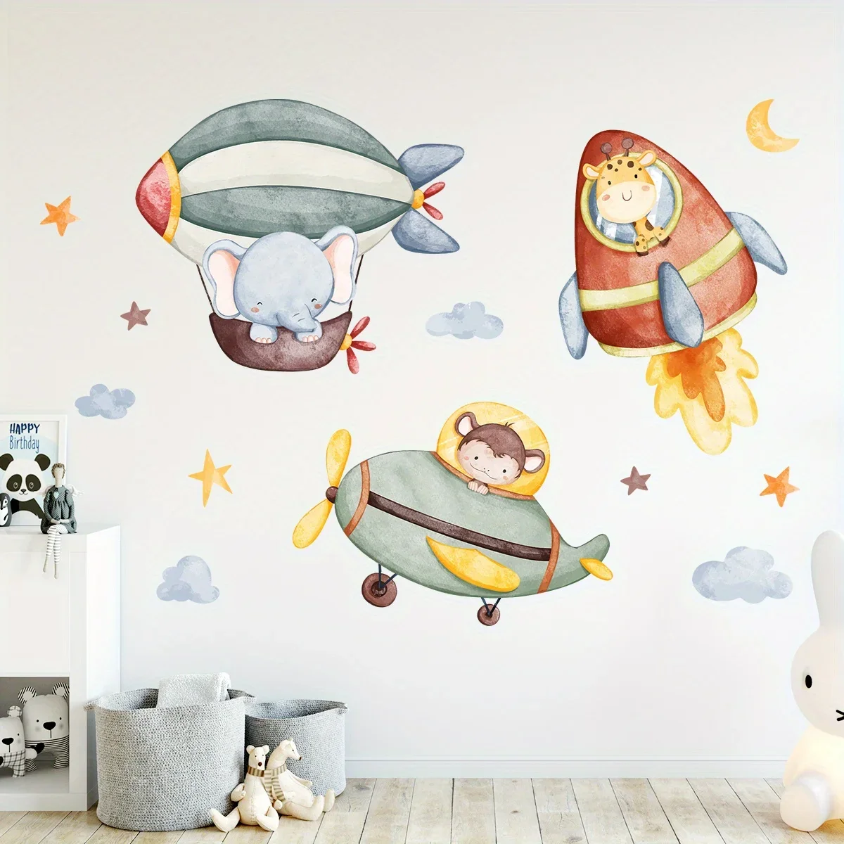 

1pc Cartoon Elephant Animal Rocket Airplane Wall Stickers for Kids Room Baby Room Wall Art Children Room Living Room Wall Decals