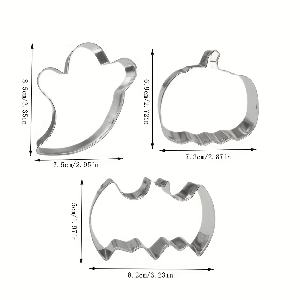 3-teiliges Halloween-Ausstechformen-Set aus lebensmittelechtem Edelstahl, Fledermaus-, Kürbis- und Geisterformen für Süßigkeiten, Obst, Pfannkuchen, Feiertags- und Heimbackwaren – Detail 14