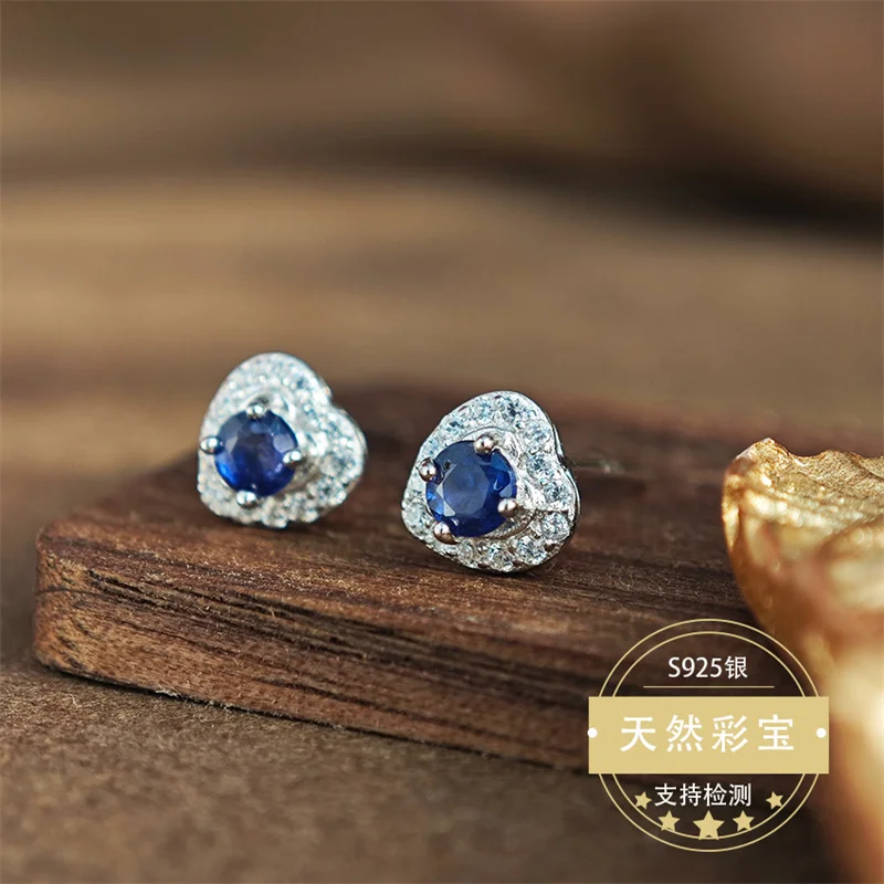 

Authentic Natural Real Sapphire S925 Sterling Silver Stud Earrings for Women Gorgous Birthday Gift