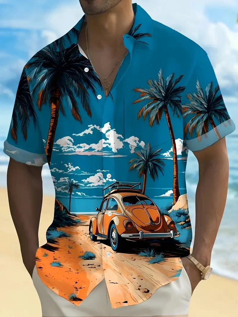 

Men's Tropical Print Button-Up Hawaiian Surfing Shirt Summer Short Sleeve Palm Tree & Ocean Wave Design Vacations Aloha Shirts