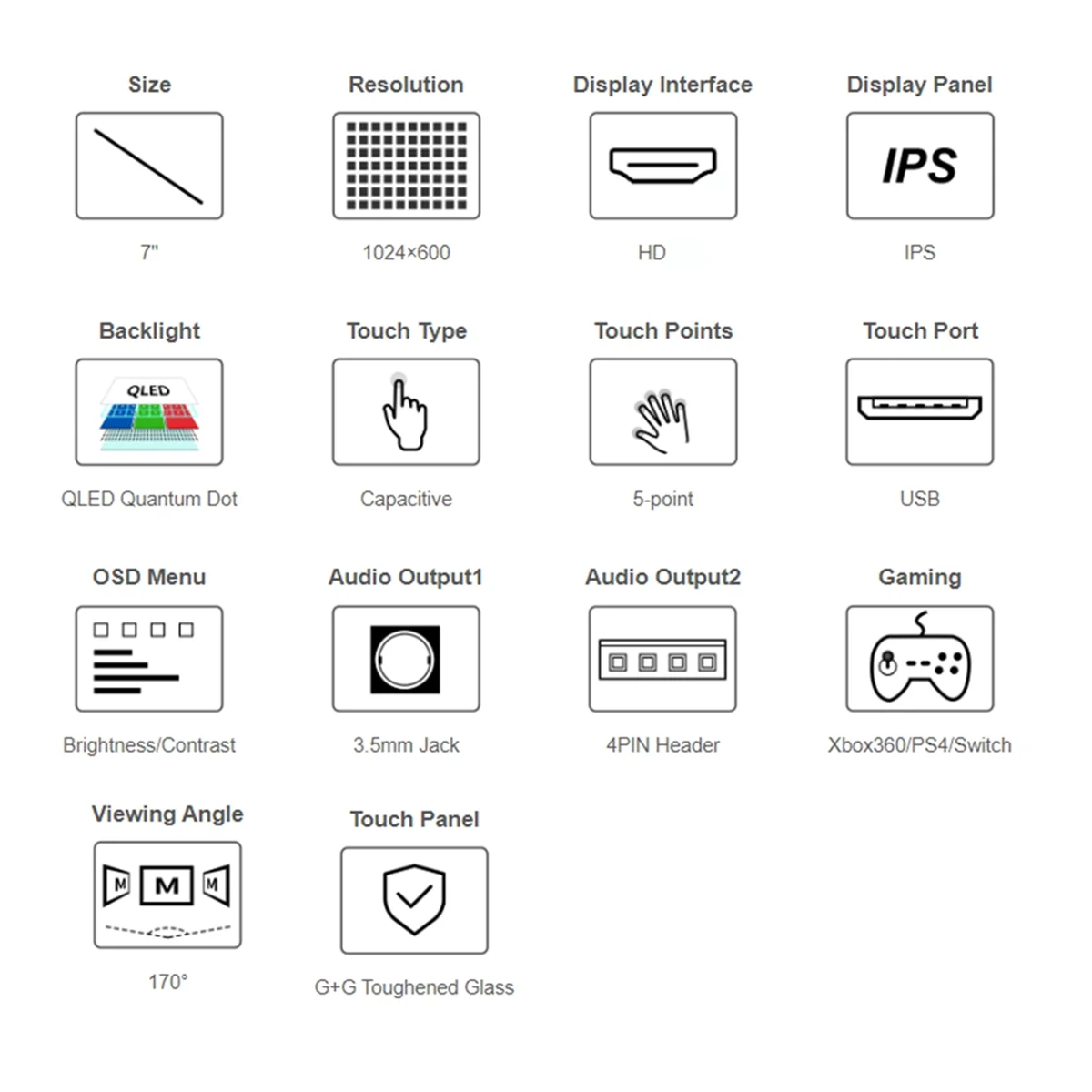لشاشة QLED Quantum Dot مقاس 7 بوصات، لمسة سعوية، 1024 × 600، دعم أنظمة مختلفة