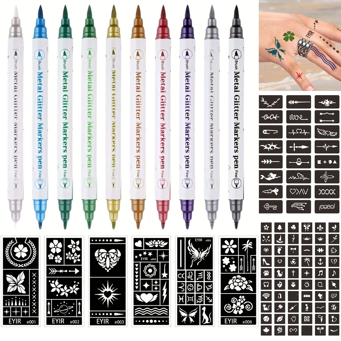 EYIR 10PCS Metallic Body Art Pens Dual Tip Temporary Tattoo Markers with Reusable Stencils Waterproof DIY Drawing Kit