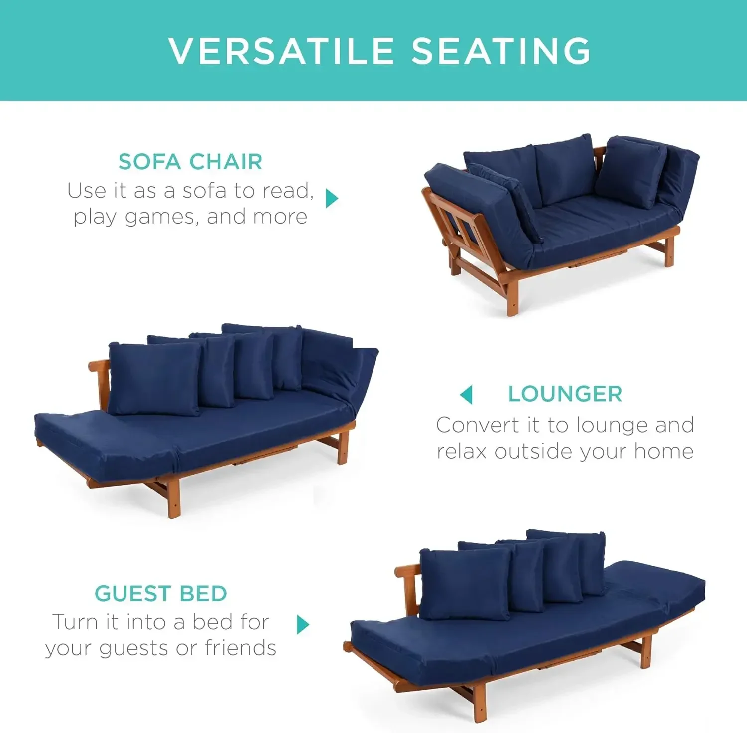 [وصول جديد، سعر مخفض! ]أثاث أريكة فوتون من خشب السنط قابل للتحويل في الهواء الطلق للفناء وساعة مقاومة للطقس قابلة للإزالة