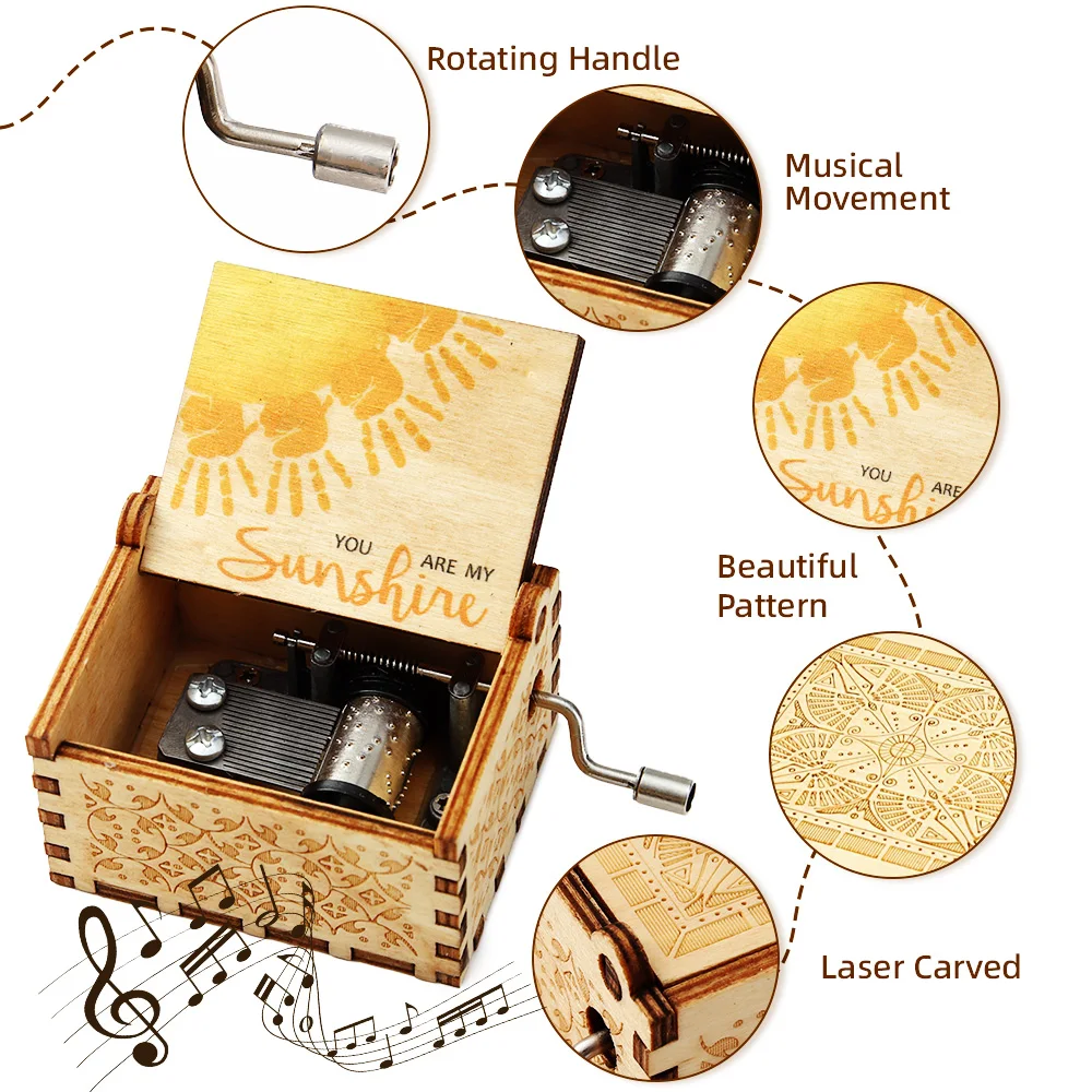 You are My Sunshine Wood Music Box for Wife, Daughter, Son,Engraved Vintage Wooden Hand Crank Music Box Gifts for Birthday, Chri
