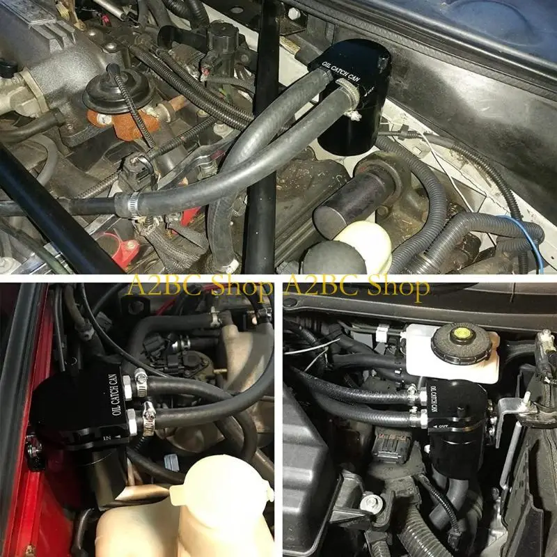 A2BC Car Baffled Oil Catch Can Reservoir Tanks with Air Filter Breather Baffled Aluminum Fittings Oil Dipstick Hole Kettle