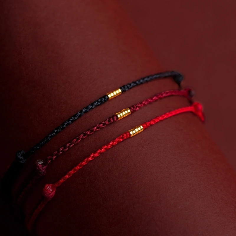 Fashion Handmade Gold Color Beads Red Rope Lucky Bangles Length Adjust Circle Charm Bracelets for Women Men Lovers\' Gift