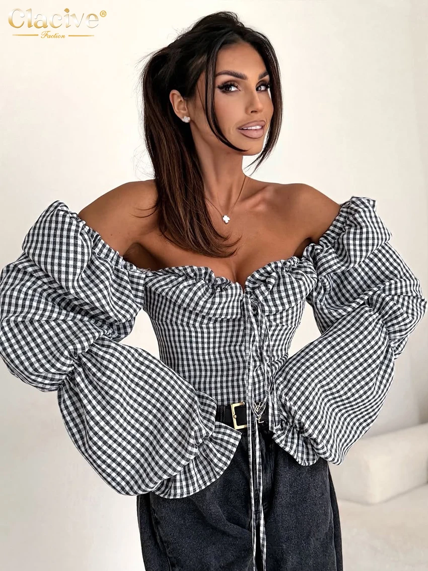 Clacive Modisches Schlankes Schwarzes Kariertes Damenhemd 2026 Sexy Quadratischer Kragen Langarm Damenblusen Elegantes Klassisches Crop-Top für Frauen