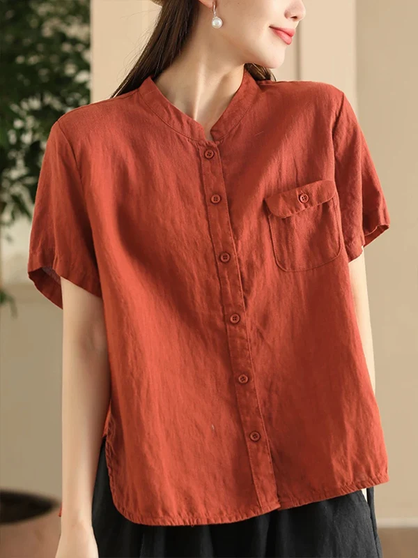 الرجعية اليابانية Sle المرأة القطن الكتان ort Sve irt عارضة الوقوف طوق كيت واحد فضفاضة تناسب الصيف الأعلى