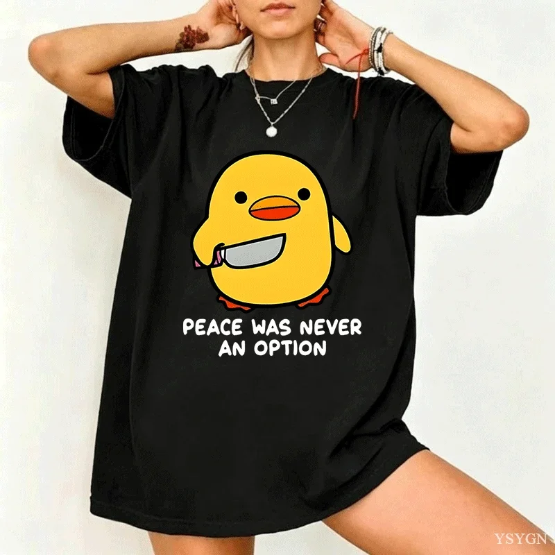 Womens Peace Was Never An Option Cute Yellow Duck Graphic T Shirt O Neck Short Sleeve Cartoon Print Cotton Trendy Street Tee