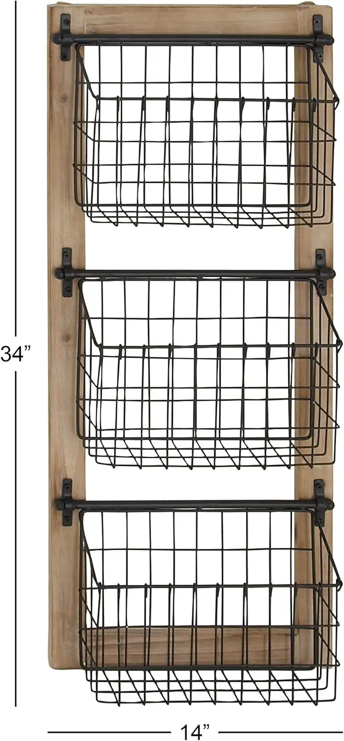 Metal 3 Slot Magazine Rack with Wood Frame and Wire Baskets, Black, 14x5x34 Inches