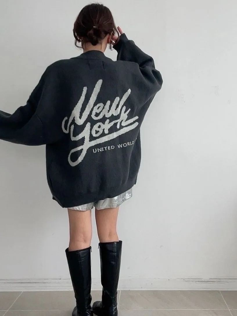 Chic Vintage Autumn Long Sve Knitted Jaet Women's Loose Fit Letter Print Design k Button Street Sle Outerwear