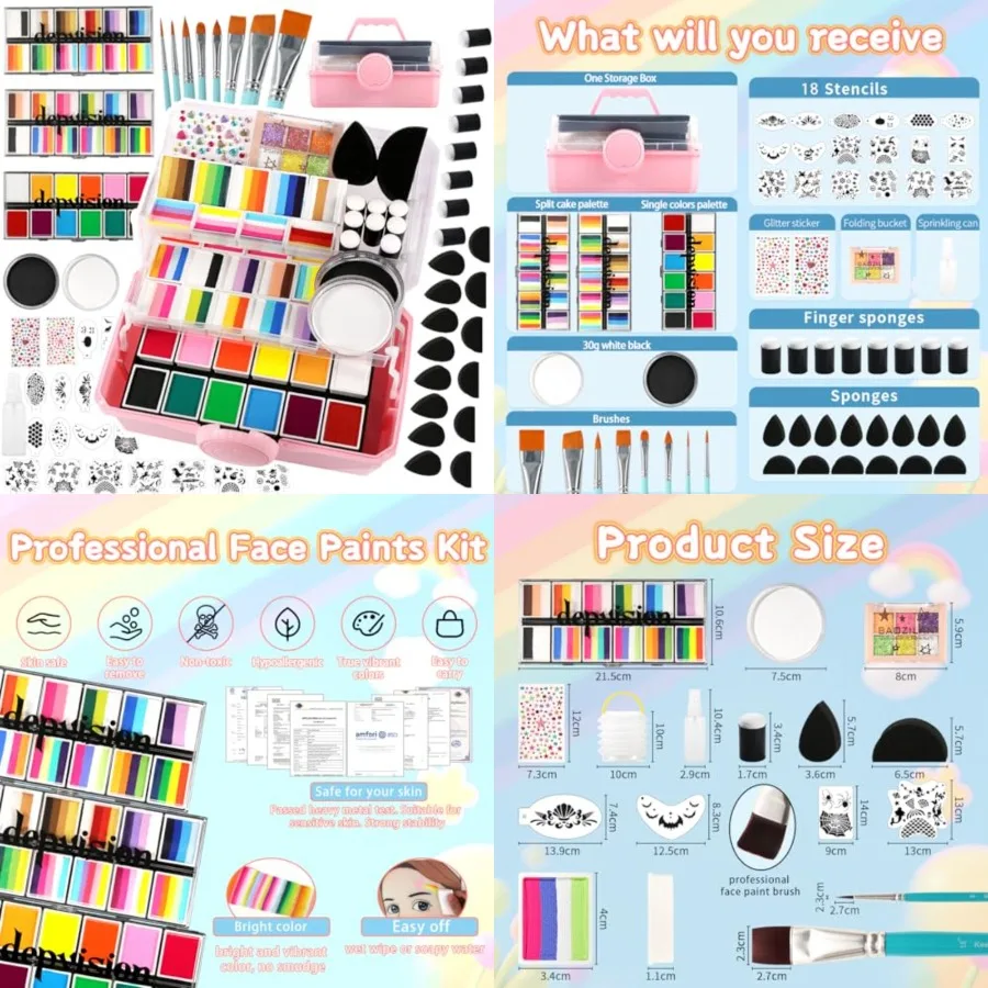 

Professional Face Painting kit 110 Colors Split Cake Face Paint 96 pcs Set Non-Toxic Washable and Safe with Brushes Sponges Gli