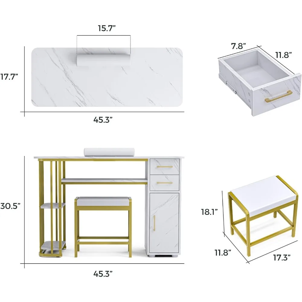 Manicure Table Nail Desk for Nail Tech, Marbling Texture Modern Nail Station with Stool & Wrist Cushion，Multipurpose Table