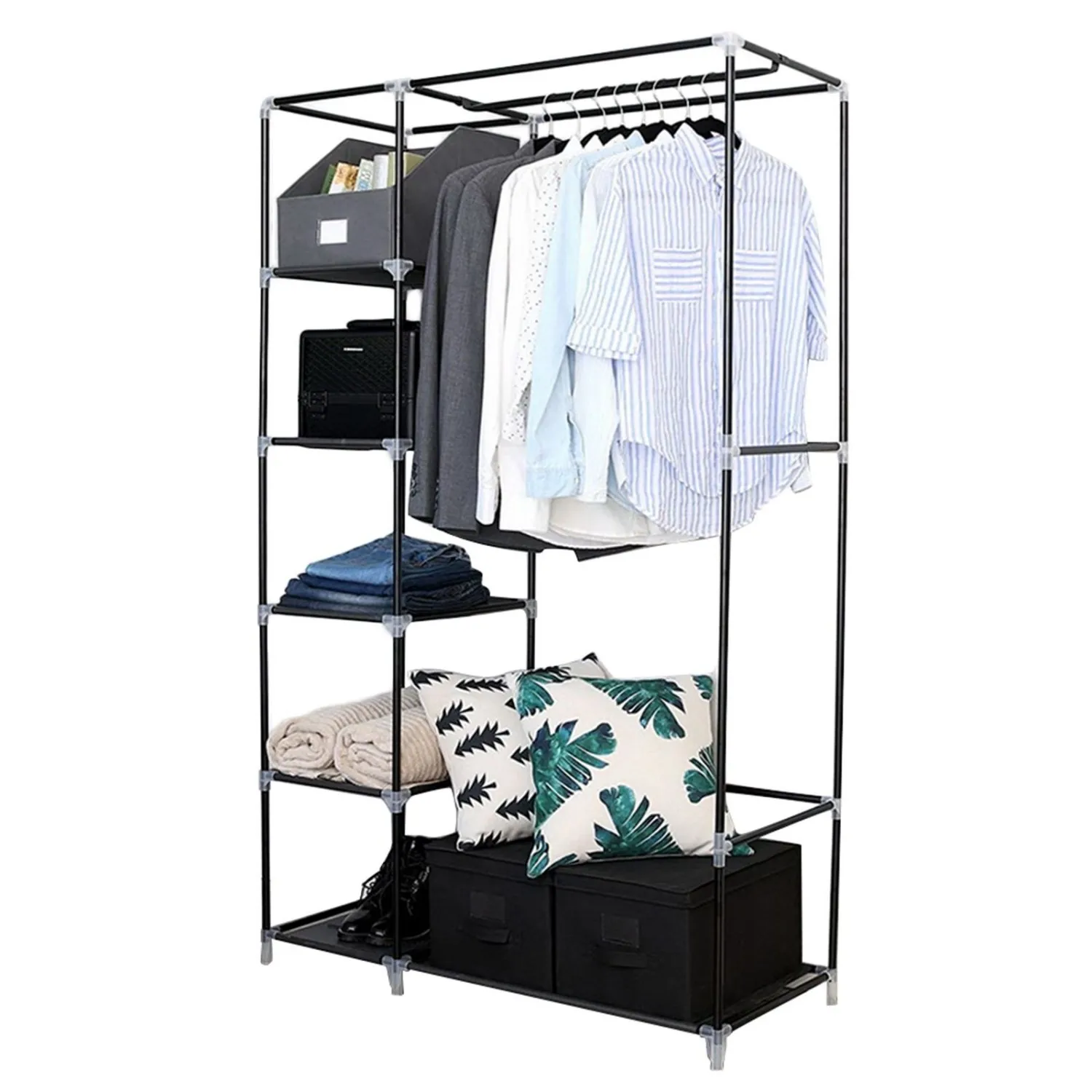 

64" Portable Closet Organizer with Hanging Rod & 6 Shelves, Easy Setup No-Tool Assembly, Large Wardrobe with Zippered Dust-Proof