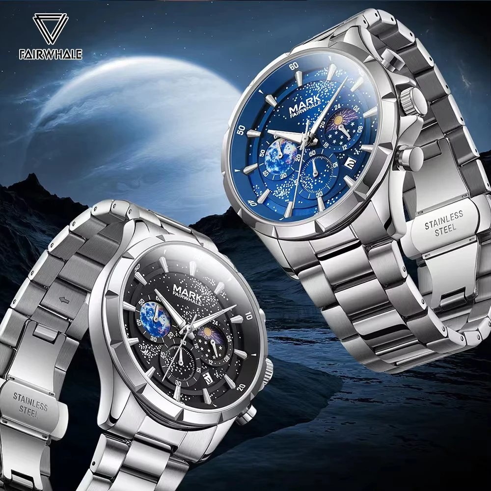 Mark Fairwhale мужские роскошные кварцевые часы с фазой Луны и дисплеем даты из нержавеющей стали модные водонепроницаемые наручные часы с хронографом