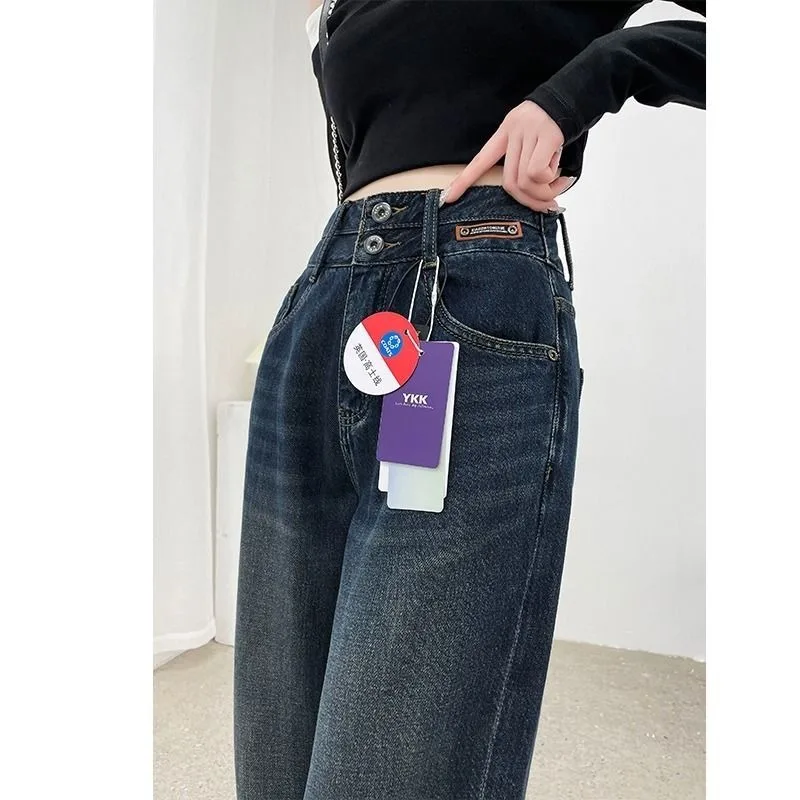 Jean rétro américain à jambes larges pour femmes, petit pantalon taille haute à neuf points, ample et fin, jambes droites et étroites, nouvelle collection printemps automne