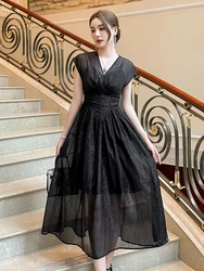 Summer Fashion Bright Silk Black Vacation Long Dress Women Clothes Elegant Sexy V-Neck Corset Slim Party Birthday Robe Vestidos