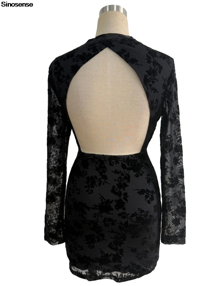 Women Bodycon Dress Floral Embroidery Backless Slim Long Sleeve Mini Pencil Dress Sexy Street Date Night Club Party Short Dress